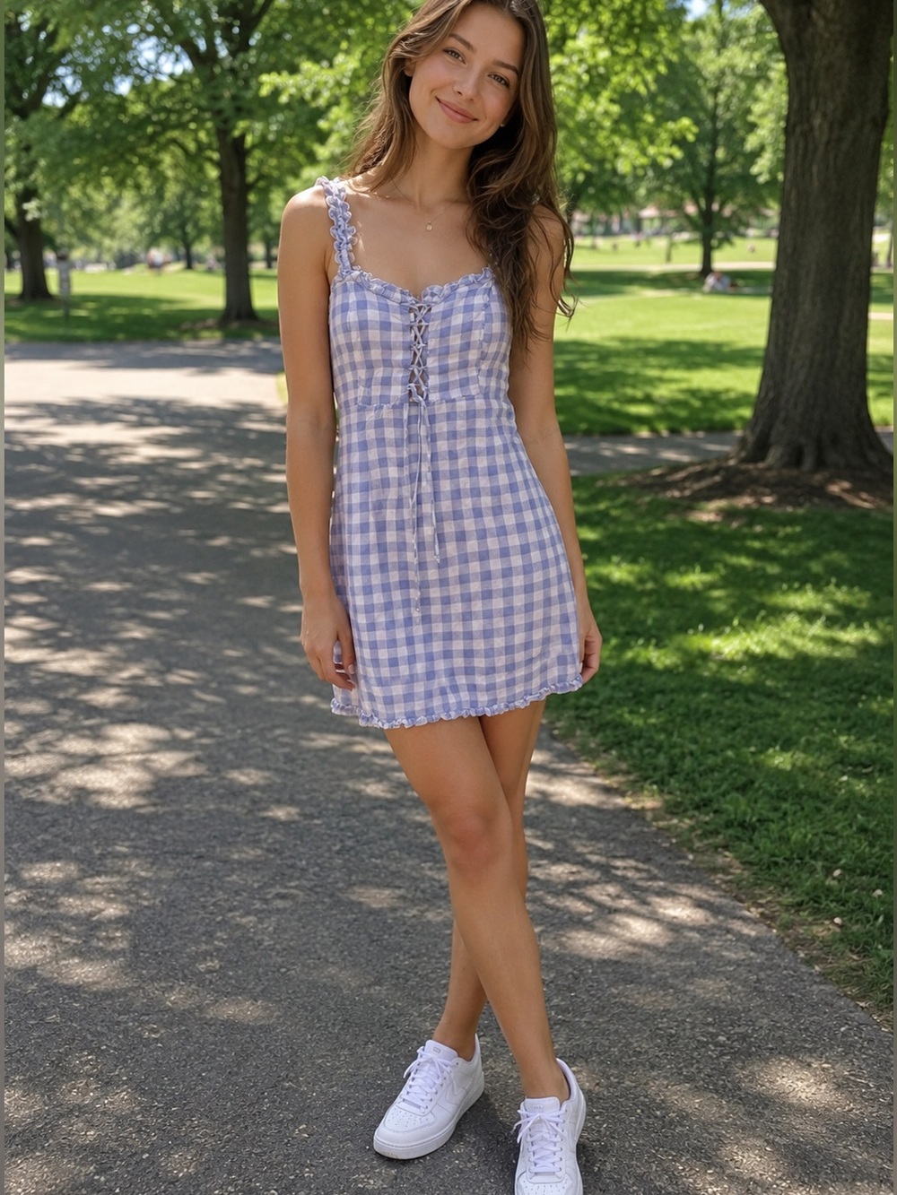 Urban Outfitters Gingham Mini Dress SZ 8  Lace Up Ruffle Coquette